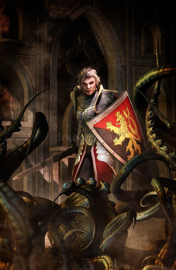 Paladín del caballero de la fantasía y monstruo de la mazmorra stock de ilustración Paladín del caballero de la fantasía y monstruo de la mazmorra stock de ilustración