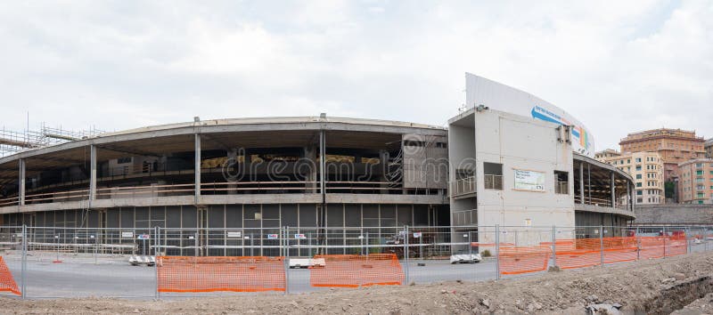 Genoa Italy_July 12, 2021: `Palasport` symbol building of Genoa fair during restyling work. Genoa Italy_July 12, 2021: `Palasport` symbol building of Genoa fair during restyling work