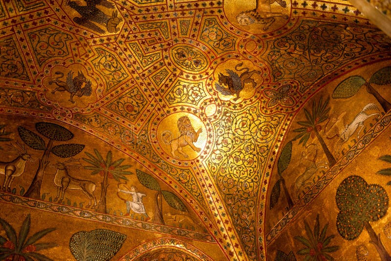 Ceiling of the Cappella Palatina, by far the best example of the so-called Arab-Norman-Byzantine style that prevailed in the 12th-century Sicily. Features mosaics, and the marble incrustation of the lower part of the walls and the floor are very fine. Ceiling of the Cappella Palatina, by far the best example of the so-called Arab-Norman-Byzantine style that prevailed in the 12th-century Sicily. Features mosaics, and the marble incrustation of the lower part of the walls and the floor are very fine.