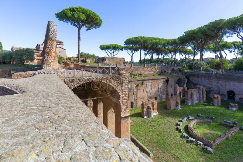 Palatine Hill, view of the ruins of several important ancient  buildings, Rome, Italy stock images