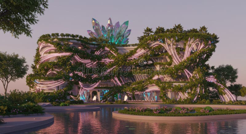 Palatul de Cristal Fermecat : Clădire luminată roz și albastru cu verdeață luxuriantă vector illustration