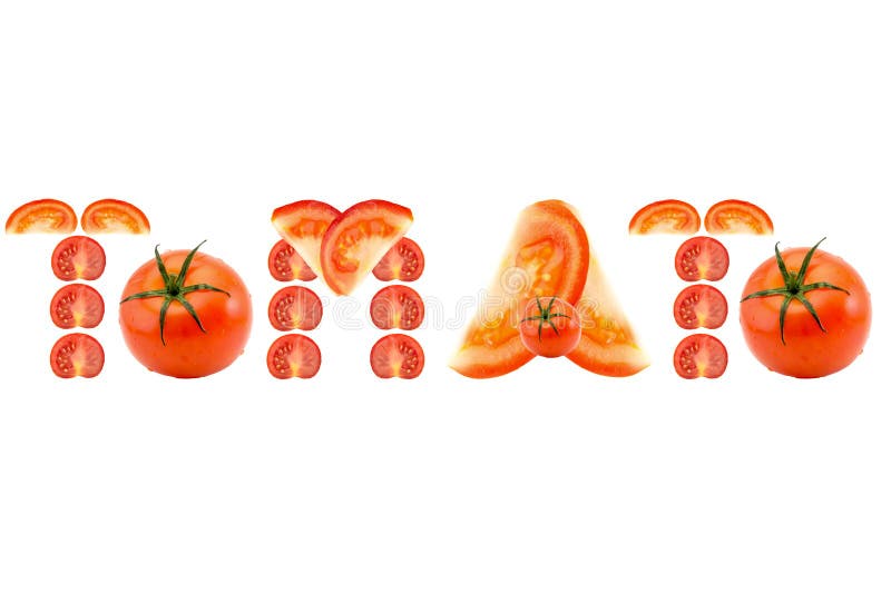 Palavra da inscrição do tomate das partes de tomates desbastados no fundo branco imagem de stock royalty free Palavra da inscrição do tomate das partes de tomates desbastados no fundo branco imagem de stock royalty free