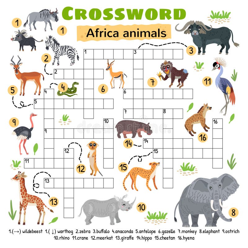 Palavras cruzadas com animais africanos jogos puzzle planilha