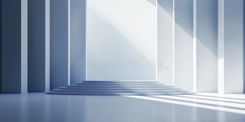 Palco minalistico bianco con gradini stratificati circondati da colonne verticali alte illuminate da fusione naturale illustrazione vettoriale