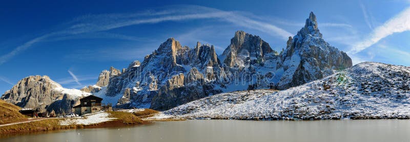 Panorama view of Pale di San Martino Mountain on Rolle Pass, Trentino Alto Adige, Dolimite Alps, Italy. Panorama view of Pale di San Martino Mountain on Rolle Pass, Trentino Alto Adige, Dolimite Alps, Italy