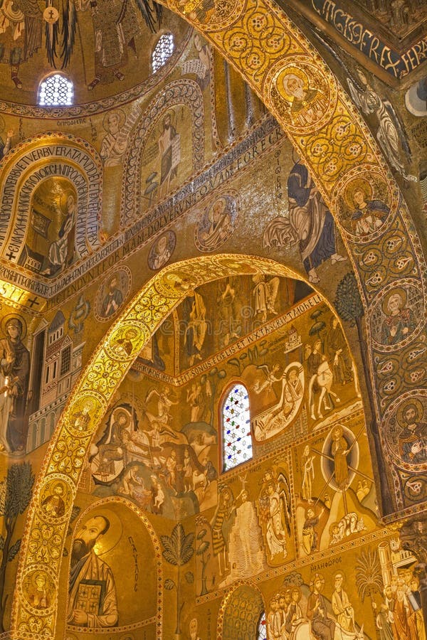 Palermo - Mozaïek van Cappella Palatina - Palatine Kapel in Norman paleis royalty-vrije stock foto Palermo - Mozaïek van Cappella Palatina - Palatine Kapel in Norman paleis royalty-vrije stock foto