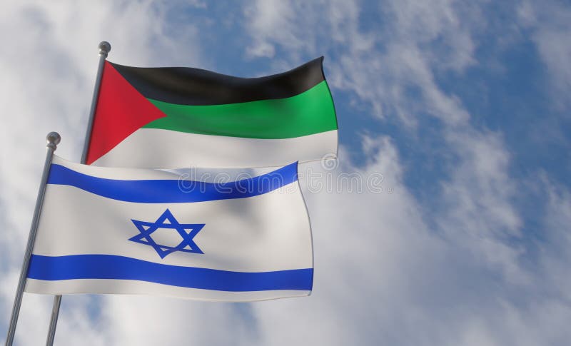 Palestine and Israel flags, Palestine flag and Israel flag. with blue sky and clouds. 3D work and 3D image