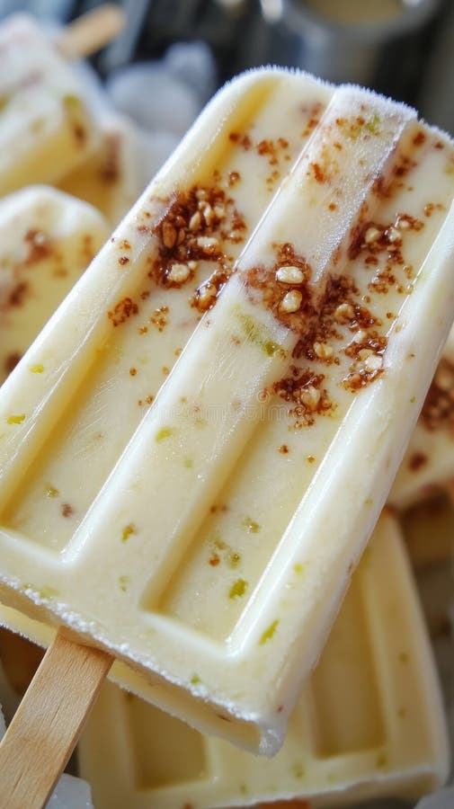 Paleta de vainilla congelada con nuez en el armario de madera stock de ilustración