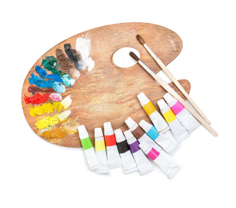 Palette En Bois Avec Des Tubes De Peinture D'isolement Image stock