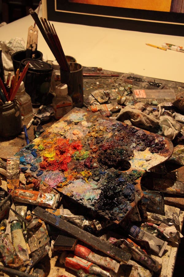 Palette, colors and brushes stock images Palette, colors and brushes stock images