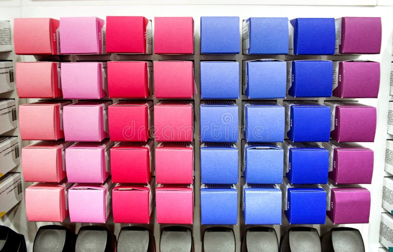 Palette at Cosmetic Shop. Showcase of a Cosmetics Store. Stock Image