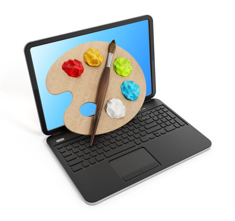 Palette, Paints And Paintbrush On Laptop Computer Stock Illustration