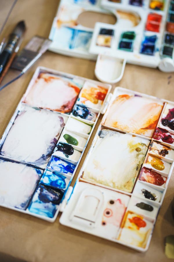 Palette With Watercolors In Different Colors. Various
