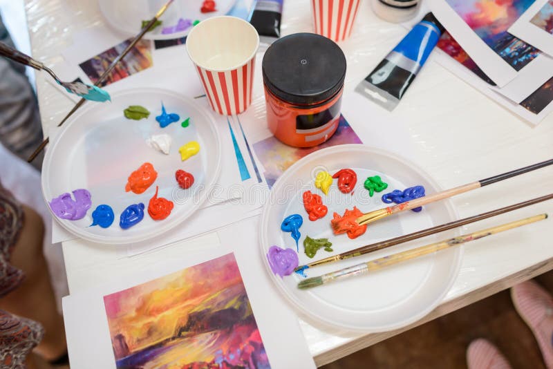 Palettes, Brushes, Paint and Cups Stock Image Image of accessory