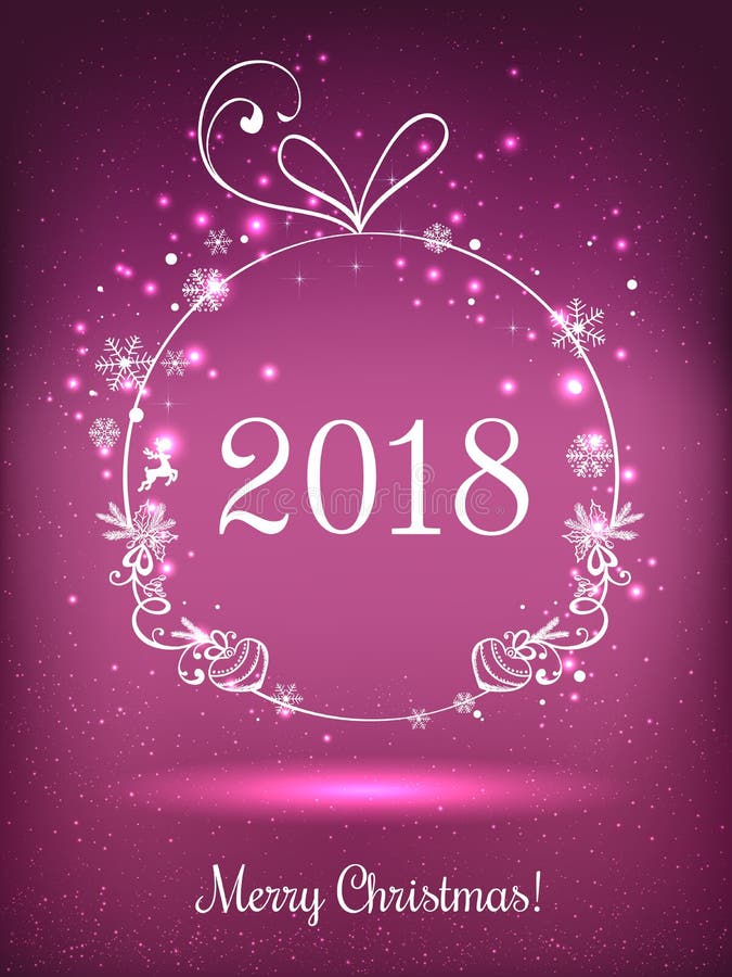 Palla brillante di Natale per il Buon Natale 2018 ed il nuovo anno su fondo rosso con luce, stelle, fiocchi di neve Scheda di fes royalty illustrazione gratis Palla brillante di Natale per il Buon Natale 2018 ed il nuovo anno su fondo rosso con luce, stelle, fiocchi di neve Scheda di fes royalty illustrazione gratis