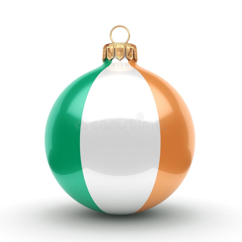3D rendering Christmas ball decorated with the flag of Ireland. 3D rendering Christmas ball decorated with the flag of Ireland