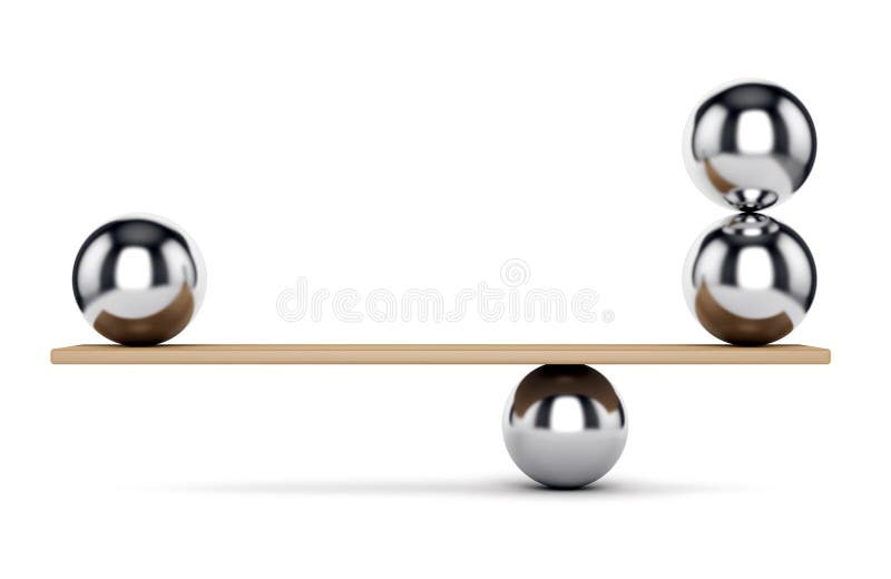 Abstract balance and harmony concept. Weight scale: metal spheres on plank isolated on white background. 3D illustration. Abstract balance and harmony concept. Weight scale: metal spheres on plank isolated on white background. 3D illustration