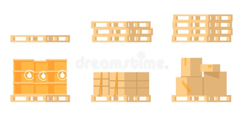 Pallet with cargo. Warehouse storage. Freight transportation. Logistic distribution. Merchandise shipping in storehouse. Cardboard boxes on planks. Stacked crates. Vector isolated wooden platforms set