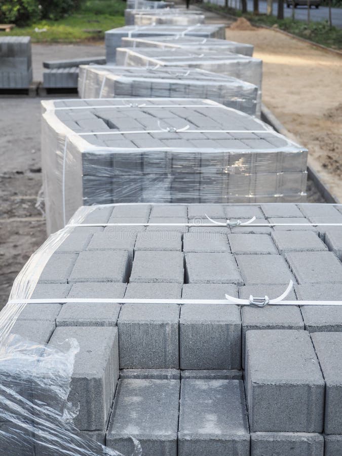 A Pallets of Cinder Blocks on a Construction Site. Brick Block