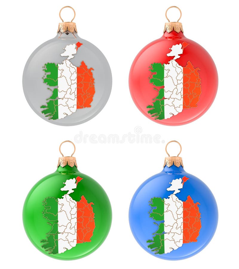 Christmas balls with Irish map, 3D rendering isolated on white background. Christmas balls with Irish map, 3D rendering isolated on white background