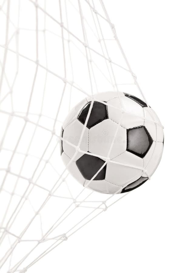 Soccer ball in a goal net isolated on white background. Soccer ball in a goal net isolated on white background