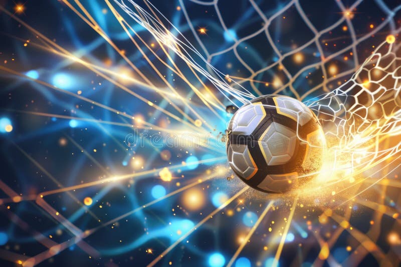 Soccer ball soaring into the net with a dazzling light effect, illustrating the energy of a decisive goal AI AI generated. Soccer ball soaring into the net with a dazzling light effect, illustrating the energy of a decisive goal AI AI generated