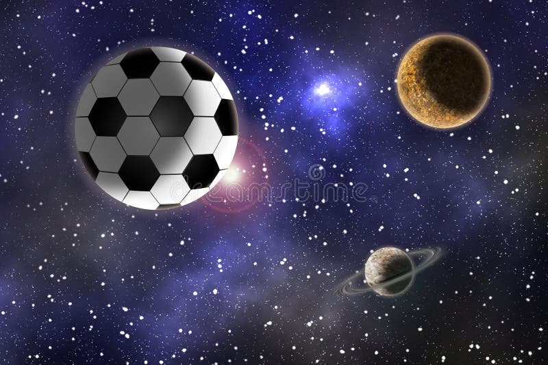 Pallone da calcio su un fondo di un paesaggio dello spazio illustrazione di stock Pallone da calcio su un fondo di un paesaggio dello spazio illustrazione di stock