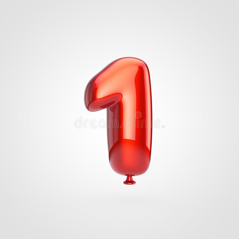 Pallone rosso lucido numero 1 isolato su fondo bianco. Pallone numero 1 3D rendono della fonte gonfiata rosso lucido con riflesso isolata su fondo bianco