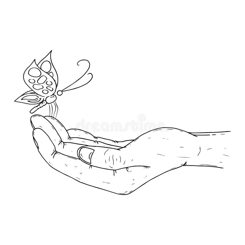 Palm with a butterfly. Vector of a butterfly on a human palm. stock illustration