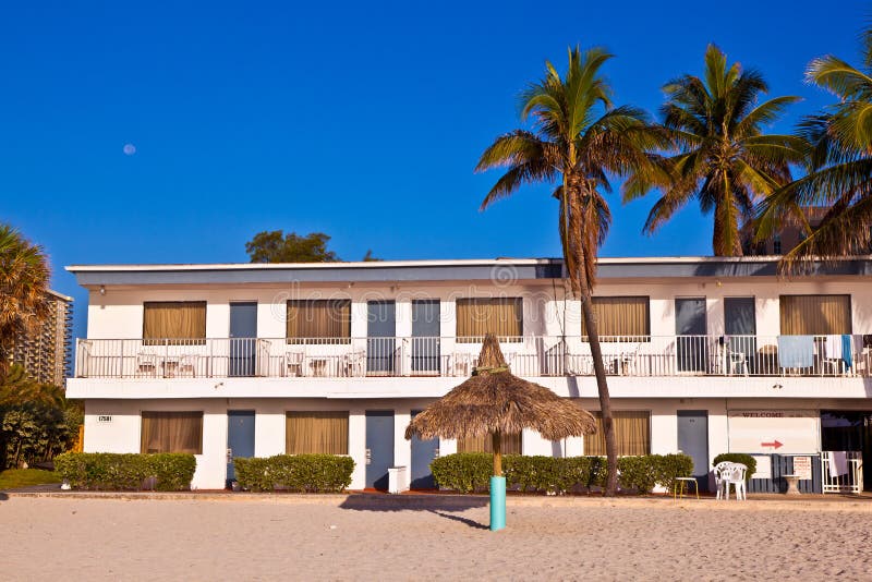 Palm in front of Motel at the beach royalty free stock image