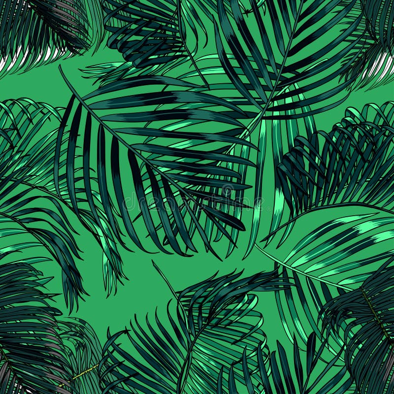 Palm leaves silhouette on the green background. Vector seamless pattern with tropical plants.