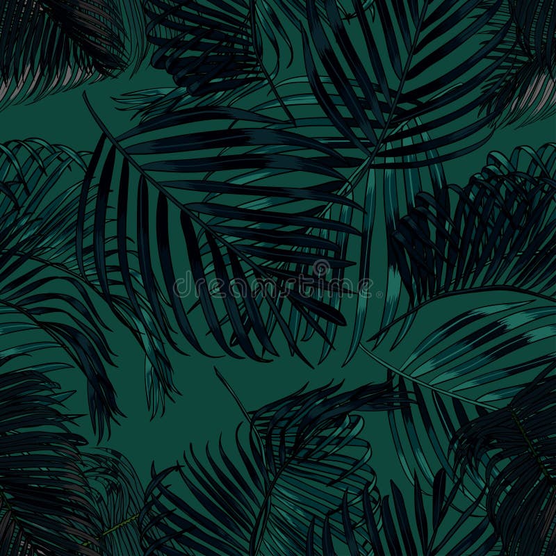 Palm leaves silhouette on the green background. Vector seamless pattern with tropical plants.