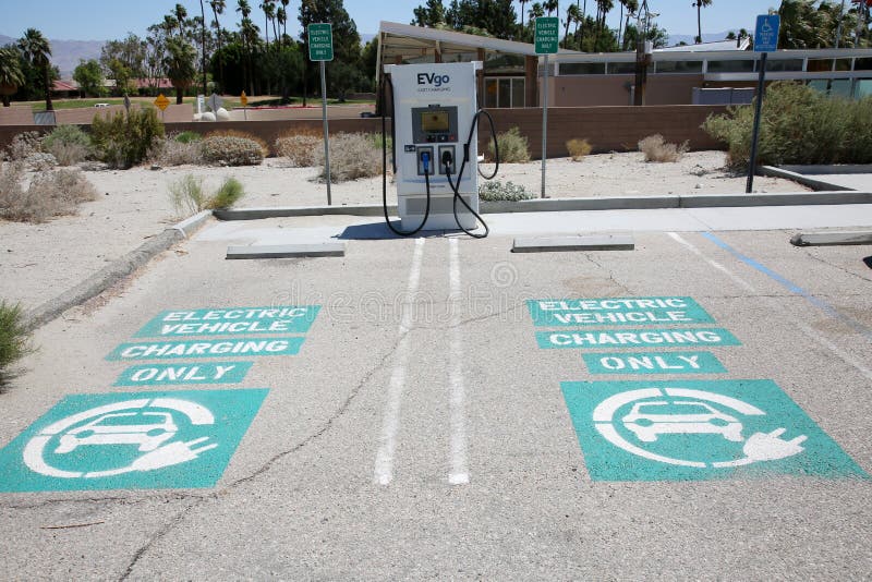 Palm Springs California - June 6, 2021: electric car charging station. EVgo is a Self Contained Electric Vehicle Charging Station