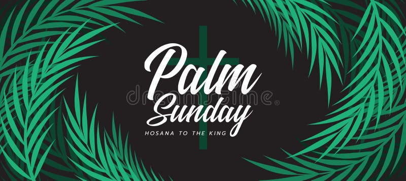 Palm sunday text on green cross crucifix sign and green palm leaves texture roll around frame on black background vector design vector illustration