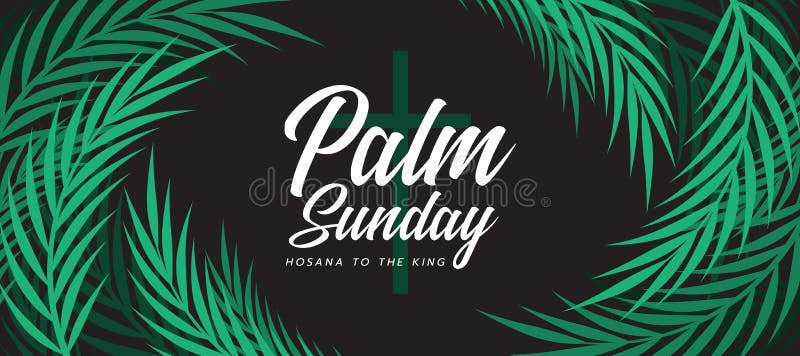 Palm sunday text on green cross crucifix sign and green palm leaves texture roll around frame on black background vector design