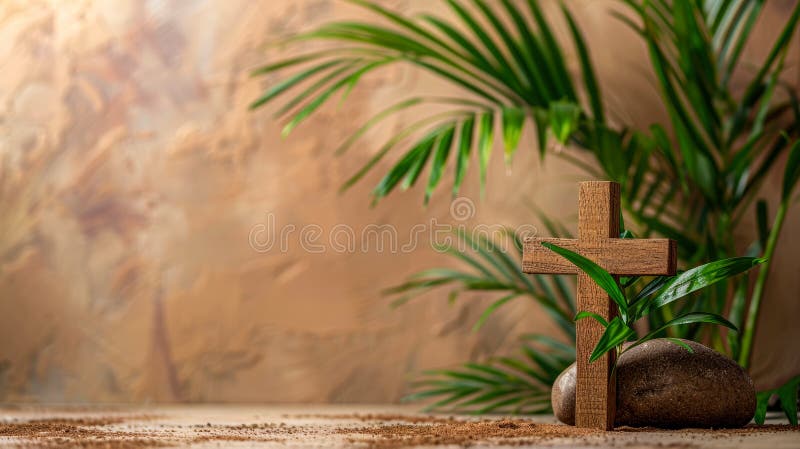 Palm Sunday theme: wooden cross and green palm leaves on background of plastered painted brown wall with place to copy the text
