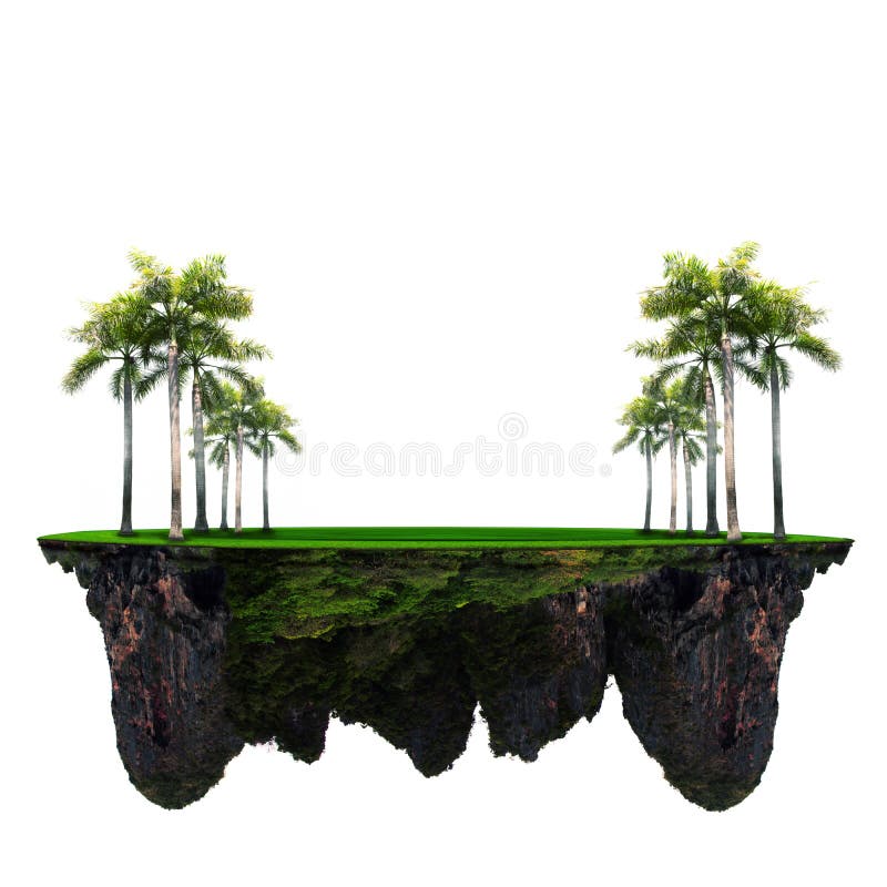 Palm tree and green grass field on floating island use for multipurpose background stock photos
