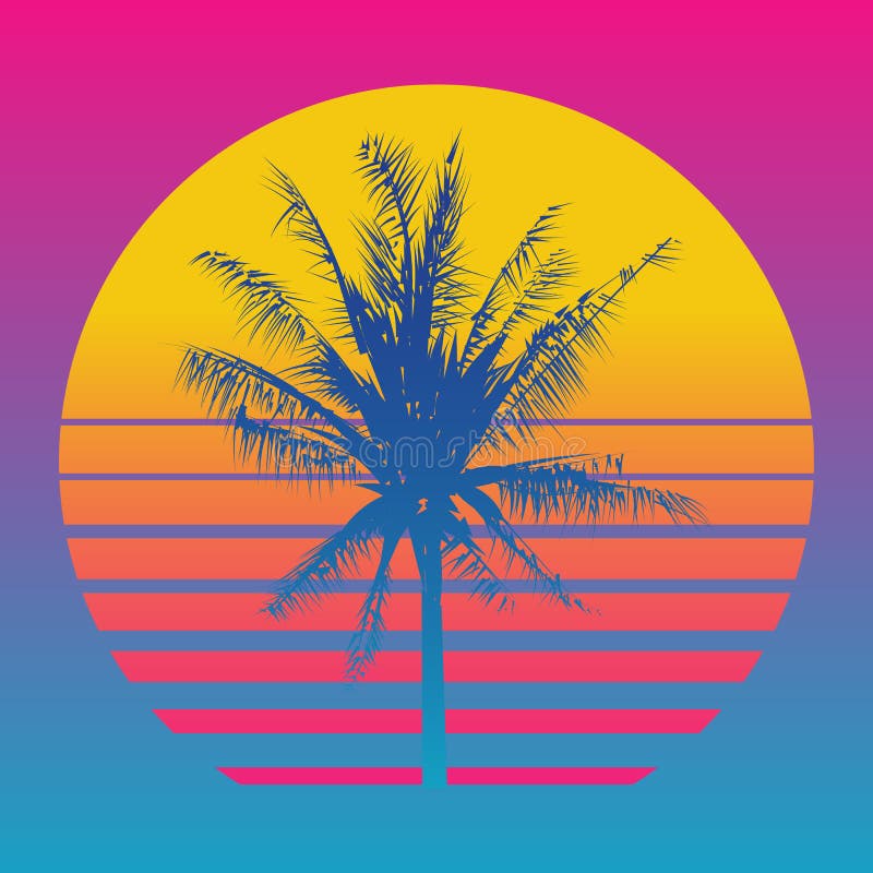 Palm tree silhouettes on a gradient background sunset. Style of the 80`s and 90`s, web-punk, vaporwave, kitsch.