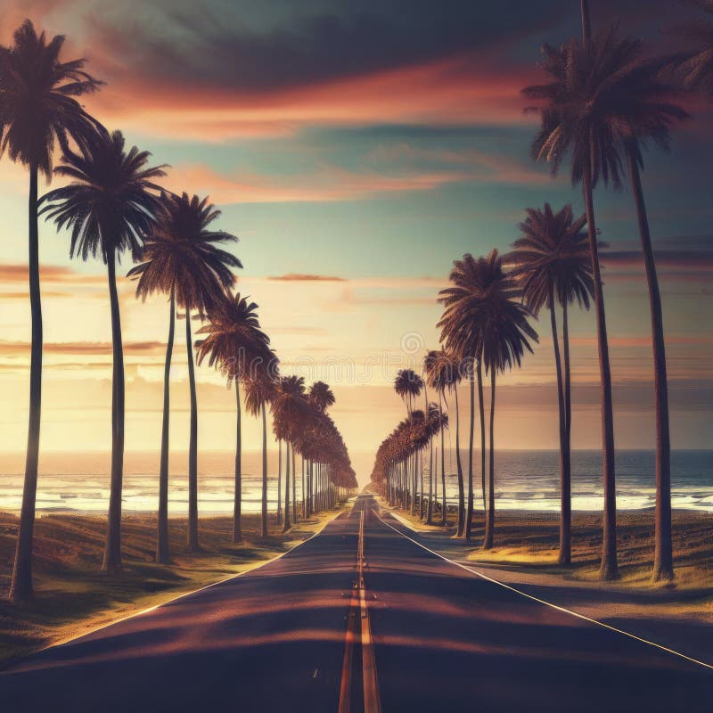 Palm Trees Along an Empty Road Leading Towards the Ocean, Sunset ...