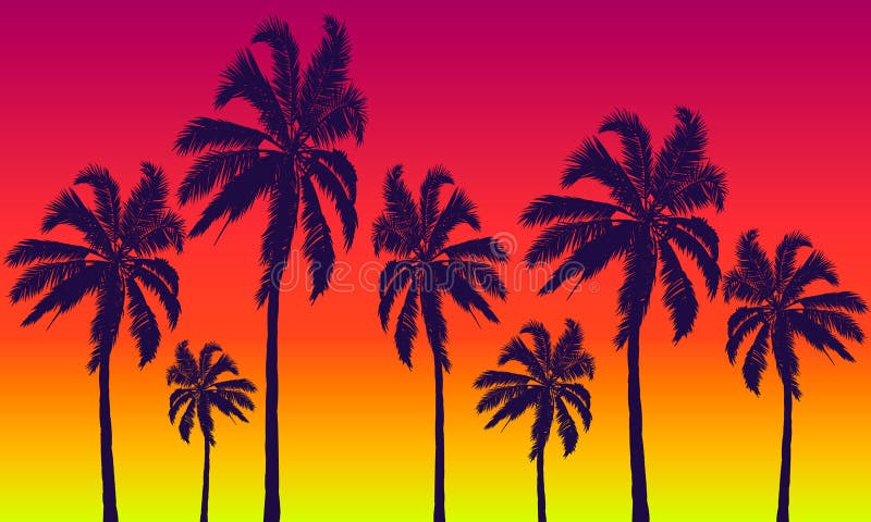 Palm trees on a background of summer red-yellow sunset, vector art illustration.