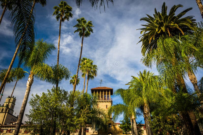 Palm trees and the exterior of the Mission Inn
