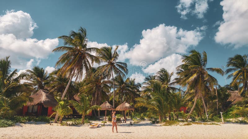 Palm trees and the girl on Candaraman island in Balabac