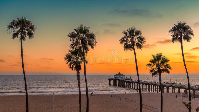 Manhattan Beach at sunset in California