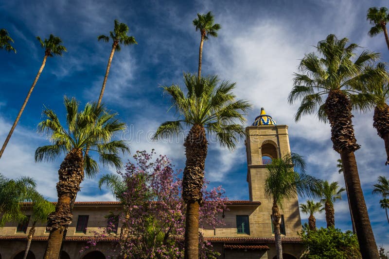 Palm trees and the Riverside Municipal Auditorium stock photo