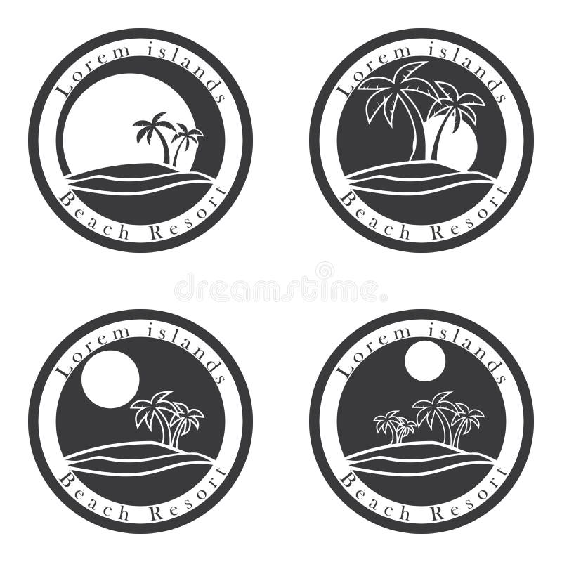 Palm trees and sun, beach resort logo design template. tropical island or vacation icon set