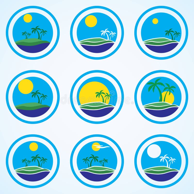 Palm trees and sun, beach resort logo design template. tropical island or vacation icon set