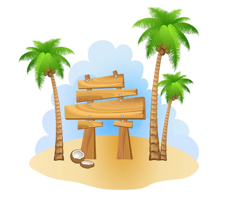 Palm trees and wooden sign stock vector. Illustration of green - 13910358