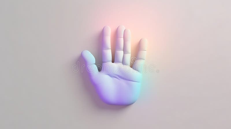 Palma a mano colorata di pastiglia sullo sfondo bianco. L'immagine mostra un rendering tridimensionale di una mano pallida con una sfumatura di colore pastello visualizzata su uno sfondo bianco chiaro