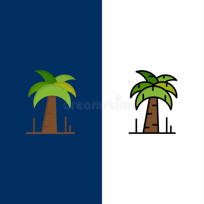 Palma, árvore, ícones de Brasil O plano e a linha ícone enchido ajustaram o fundo azul do vetor ilustração stock Palma, árvore, ícones de Brasil O plano e a linha ícone enchido ajustaram o fundo azul do vetor ilustração stock