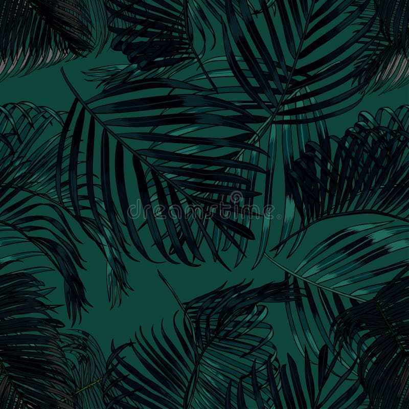 Palmbladensilhouet op de groene achtergrond Vector naadloos patroon met tropische installaties